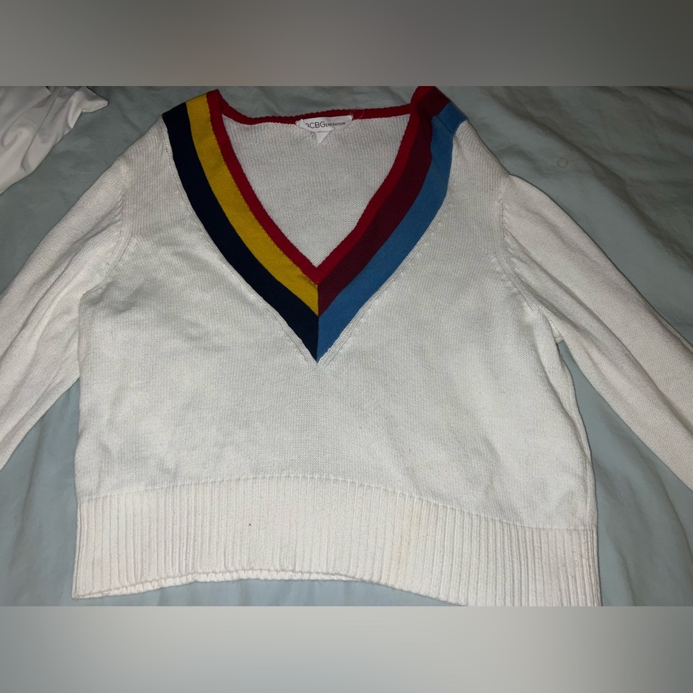 BCBGeneration Womens Size S Sweater Preppy Tennis Style V- Neck White Knit Color